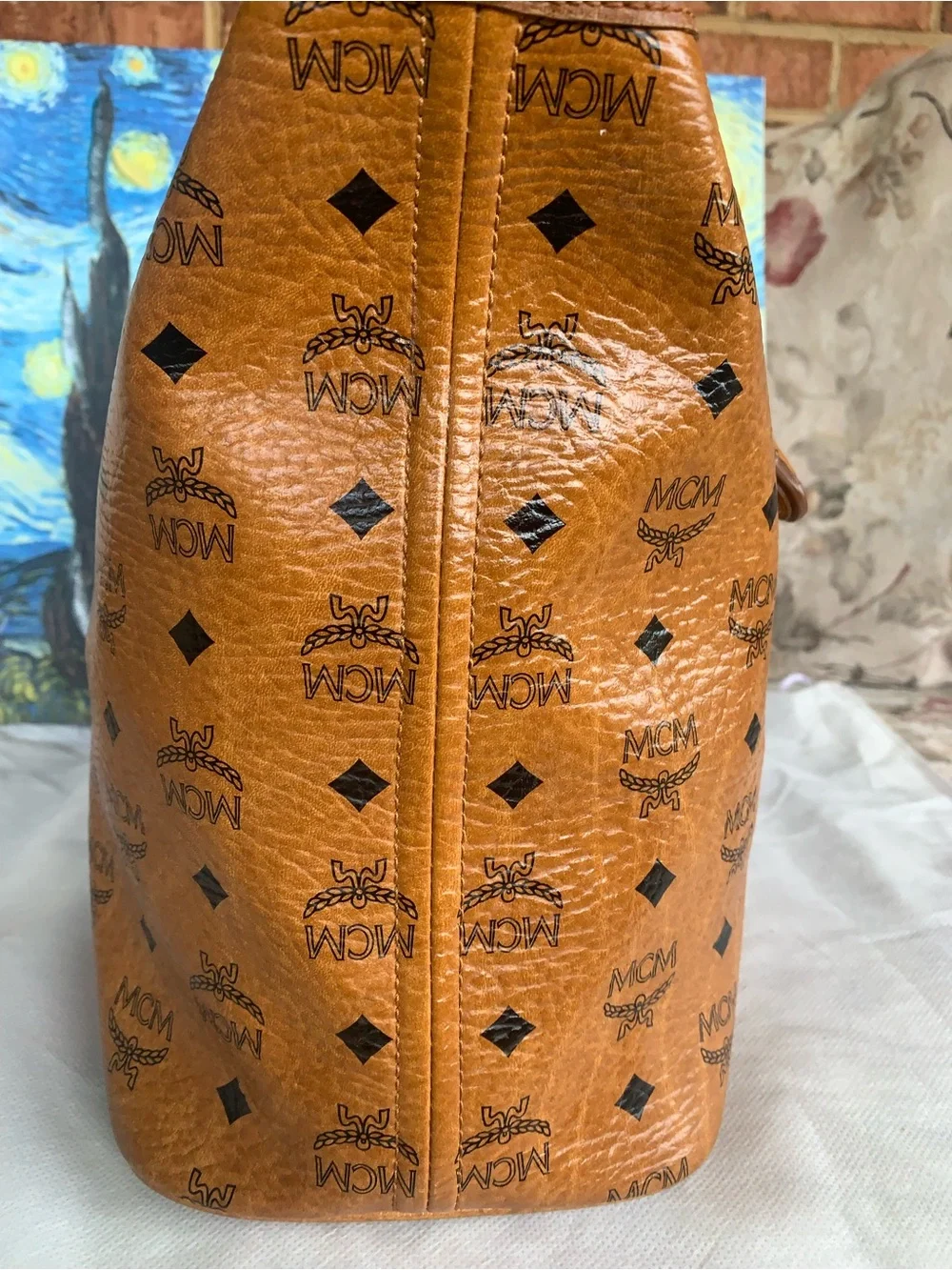 MCM Cognac Visetos Tote with Navy and Orange Center Stripe with Bone. EUC - Picture 3 of 16